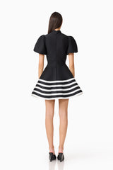 Ninette Puff Sleeve Mini Dress in Black & White with high neckline & knit fabrication back shot