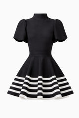 Ninette Puff Sleeve Mini Dress in Black & White with high neckline & knit fabrication ghost shot