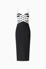 Ninette Coulum Midi Dress in Black & White with a sweetheart neckline ghost shot