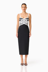 Ninette Coulum Midi Dress in Black & White with a sweetheart neckline front shot