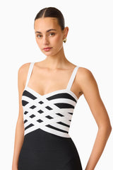 Ninette Coulum Midi Dress in Black & White with a sweetheart neckline close up shot