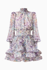 Rosaria Long Sleeve Mini Dress in Purple Floral with a high collar neckline ghost shot