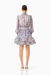 Rosaria Long Sleeve Mini Dress in Purple Floral with a keyhole back design back shot