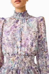 Rosaria Long Sleeve Mini Dress in Purple Floral with a high collar neckline detailed shot
