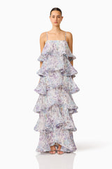 Rosaria Tiered Gown in Purple Floral with a square neckline & georgette fabrication front shot