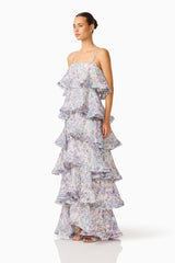 Rosaria Tiered Gown in Purple Floral with a square neckline & georgette fabrication side shot