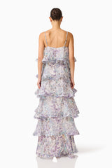 Rosaria Tiered Gown in Purple Floral with a zipper back & georgette fabrication back shot