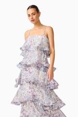 Rosaria Tiered Gown in Purple Floral with a square neckline & georgette fabrication close up shot