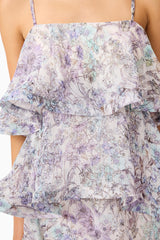 Rosaria Tiered Gown in Purple Floral with a square neckline & georgette fabrication detailed shot