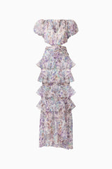 Rosaria Short Sleeve Gown in Purple Floral with puff sleeves ghost shot