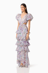 Rosaria Short Sleeve Gown in Purple Floral with puff sleeves side shot