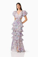 Rosaria Short Sleeve Gown in Purple Floral with puff sleeves posed shot