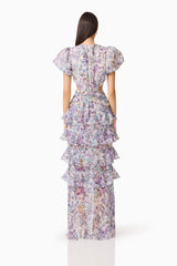 Rosaria Short Sleeve Gown in Purple Floral zipper back shot