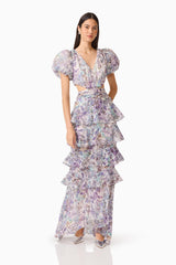Rosaria Short Sleeve Gown in Purple Floral v-neckline front shot