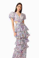 Rosaria Short Sleeve Gown in Purple Floral v-neckline posed shot