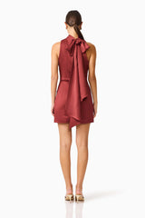 Calista Neck Scarf Mini Dress in Burgundy with tie back shot