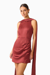 Calista Neck Scarf Mini Dress in Burgundy with high neck collar & scarf close up shot