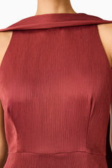 Calista Neck Scarf Mini Dress in Burgundy with high neck collar & scarf detail shot