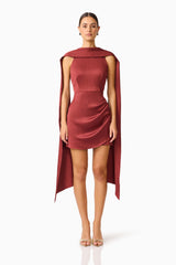 Calista Neck Scarf Mini Dress in Burgundy with high neck collar & scarf front shot