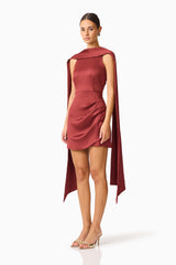 Calista Neck Scarf Mini Dress in Burgundy with high neck collar & scarf side shot
