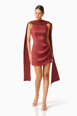 Calista Neck Scarf Mini Dress in Burgundy with high neck collar & scarf posed shot