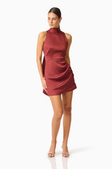 Calista Neck Scarf Mini Dress in Burgundy with high neck collar & scarf posed shot