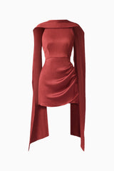 Calista Neck Scarf Mini Dress in Burgundy with high neck collar & scarf ghost shot
