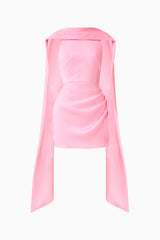 Calista Neck Scarf Mini Dress in Pink with high neck collar & draped detailing ghost shot 