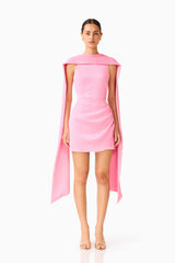 Calista Neck Scarf Mini Dress in Pink with high neck collar & draped detailing front shot 