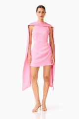 Calista Neck Scarf Mini Dress in Pink with high neck collar & draped detailing posed shot 