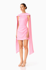 Calista Neck Scarf Mini Dress in Pink with high neck collar & draped detailing side shot 