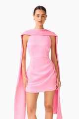 Calista Neck Scarf Mini Dress in Pink with high neck collar & draped detailing close up shot 