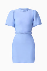 Floriana Puff Sleeve Mini Dress in Cornflower with high neckline & braided trim ghost shot
