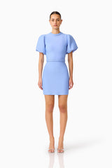 Floriana Puff Sleeve Mini Dress in Cornflower with high neckline & braided trim front shot