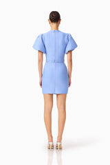 Floriana Puff Sleeve Mini Dress in Cornflower with high neckline & braided trim back shot