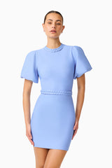 Floriana Puff Sleeve Mini Dress in Cornflower with high neckline & braided trim close up shot