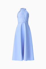 Floriana Halter Midi Dress in Cornflower Blue with braided trim details & keyhole design ghost shot