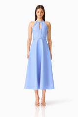 Floriana Halter Midi Dress in Cornflower Blue with braided trim details & keyhole design front shot
