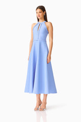 Floriana Halter Midi Dress in Cornflower Blue with braided trim details & keyhole design side shot