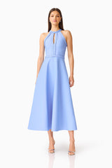 Floriana Halter Midi Dress in Cornflower Blue with braided trim details & keyhole design posed shot