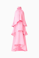 Calista Tiered Gown in Pink with Collar with ruffle trim, halter neckline ghost shot