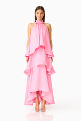 Calista Tiered Gown in Pink with Collar with ruffle trim, halter neckline front shot