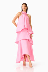Calista Tiered Gown in Pink with Collar with ruffle trim, halter neckline posed shot