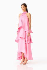 Calista Tiered Gown in Pink with Collar with ruffle trim, halter neckline side shot