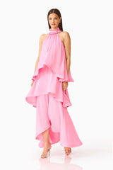 Calista Tiered Gown in Pink with Collar with ruffle trim, halter neckline close up shot
