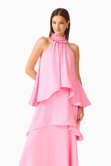 Calista Tiered Gown in Pink High Neck Ruffled detail shot