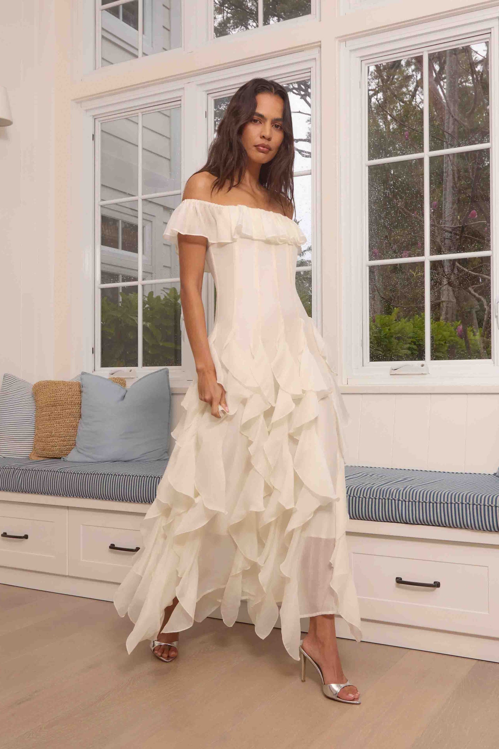 Yvette Off Shoulder Gown in White  Elliatt