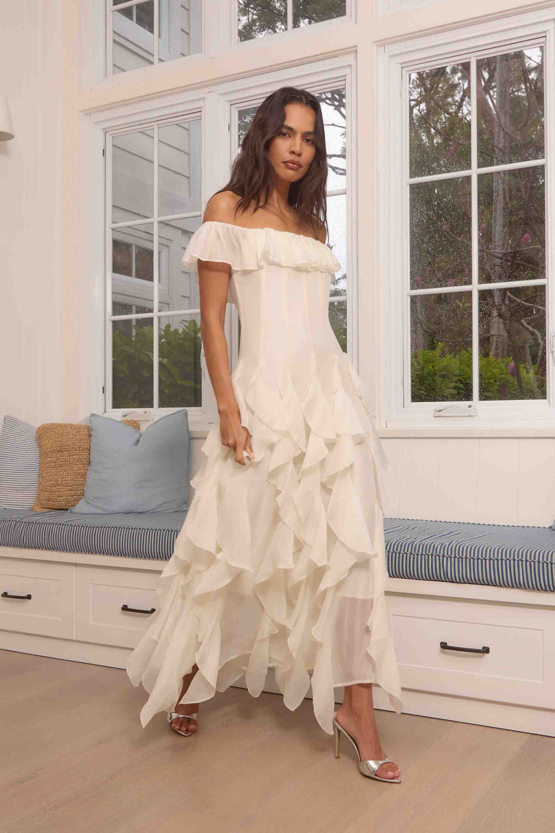 aviette off shoulder dress Yvette Off Shoulder Gown in White – Elliatt