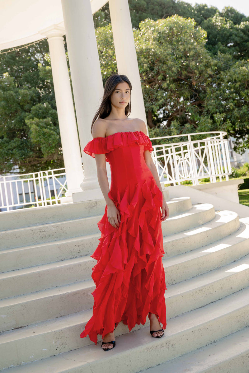 red off the shoulder frill dress Yvette Gown - Vermilion - L Black Open Back Maxi BF-exclusion while the fishtail hem Color:Animal Print