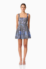 Brunette model wearing Allana Jacquard Mini Dress in Black & Blue Floral front shot